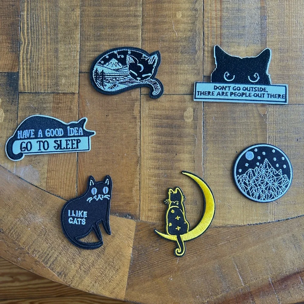Cat-Themed Embroidered Patch Set - Black and Yellow